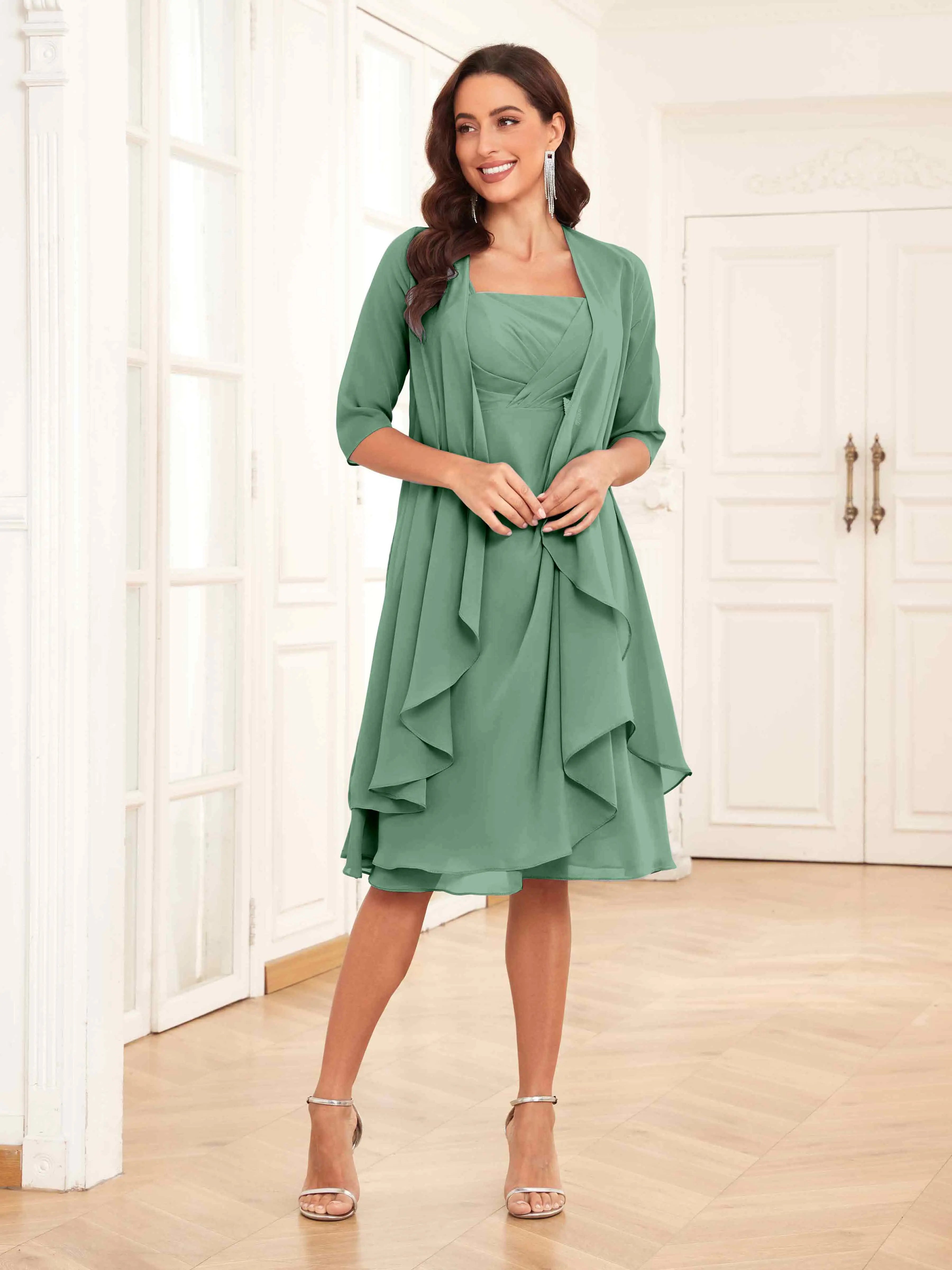 Mother of the Bride Chiffon Dress Set – Two Piece Ruched Knee Length Formal Dress with Beading oaklynwear