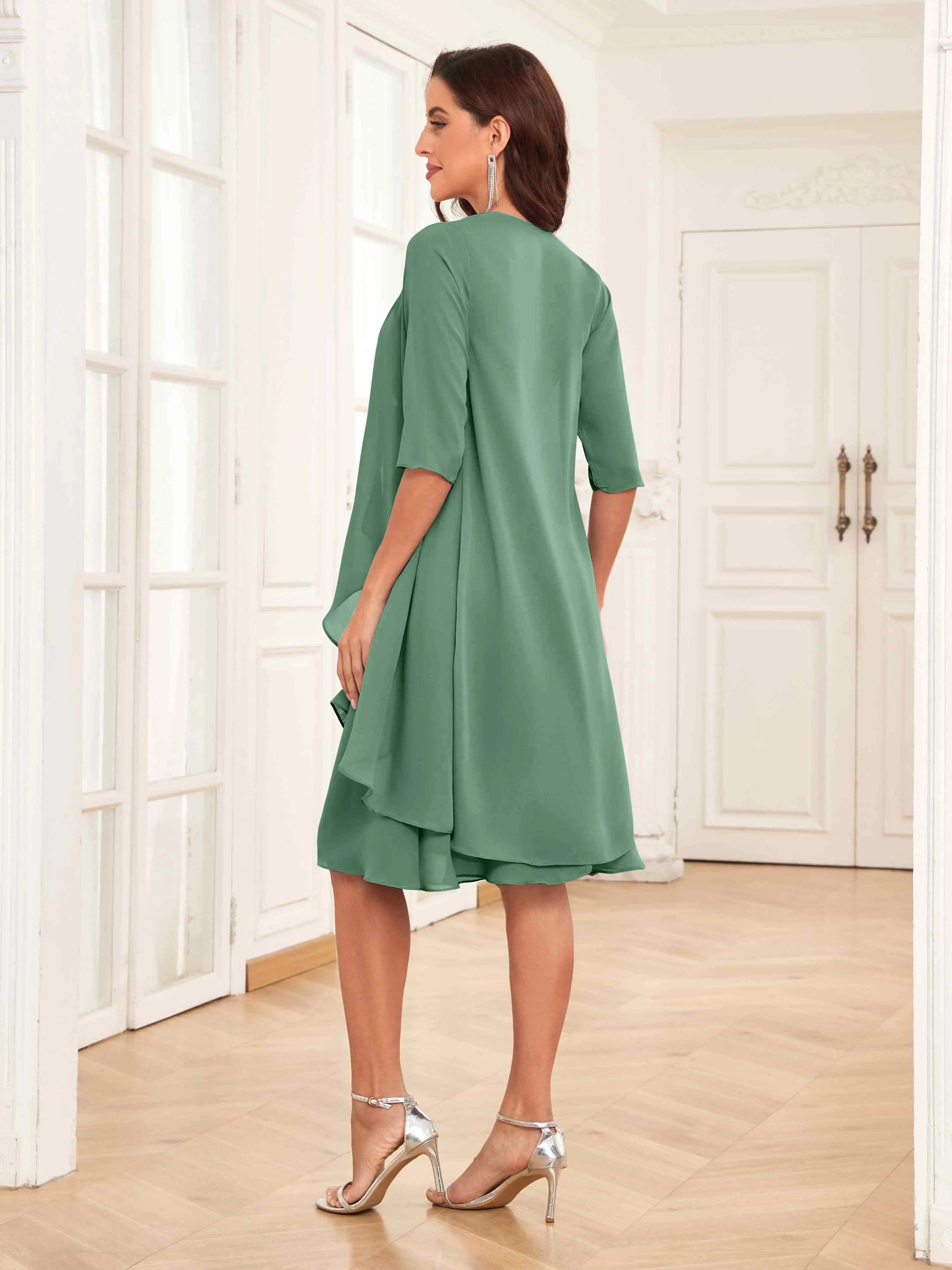 Mother of the Bride Chiffon Dress Set – Two Piece Ruched Knee Length Formal Dress with Beading oaklynwear