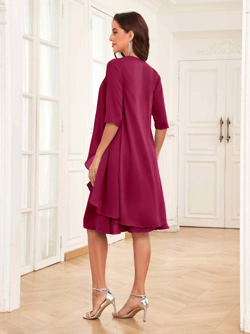 Mother of the Bride Chiffon Dress Set – Two Piece Ruched Knee Length Formal Dress with Beading oaklynwear