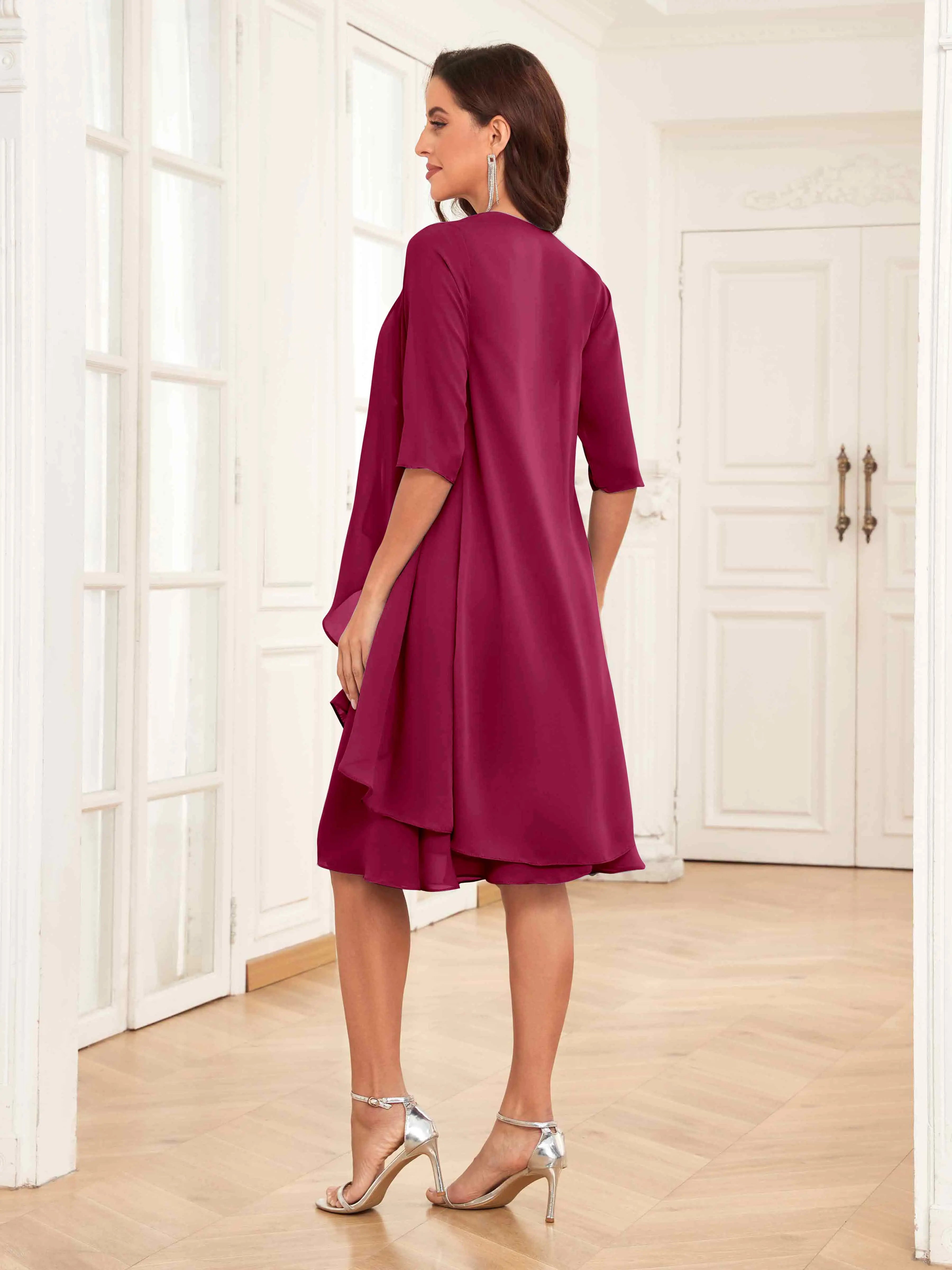 Mother of the Bride Chiffon Dress Set – Two Piece Ruched Knee Length Formal Dress with Beading oaklynwear