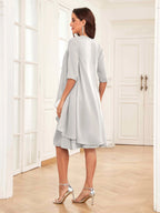 Mother of the Bride Chiffon Dress Set – Two Piece Ruched Knee Length Formal Dress with Beading oaklynwear