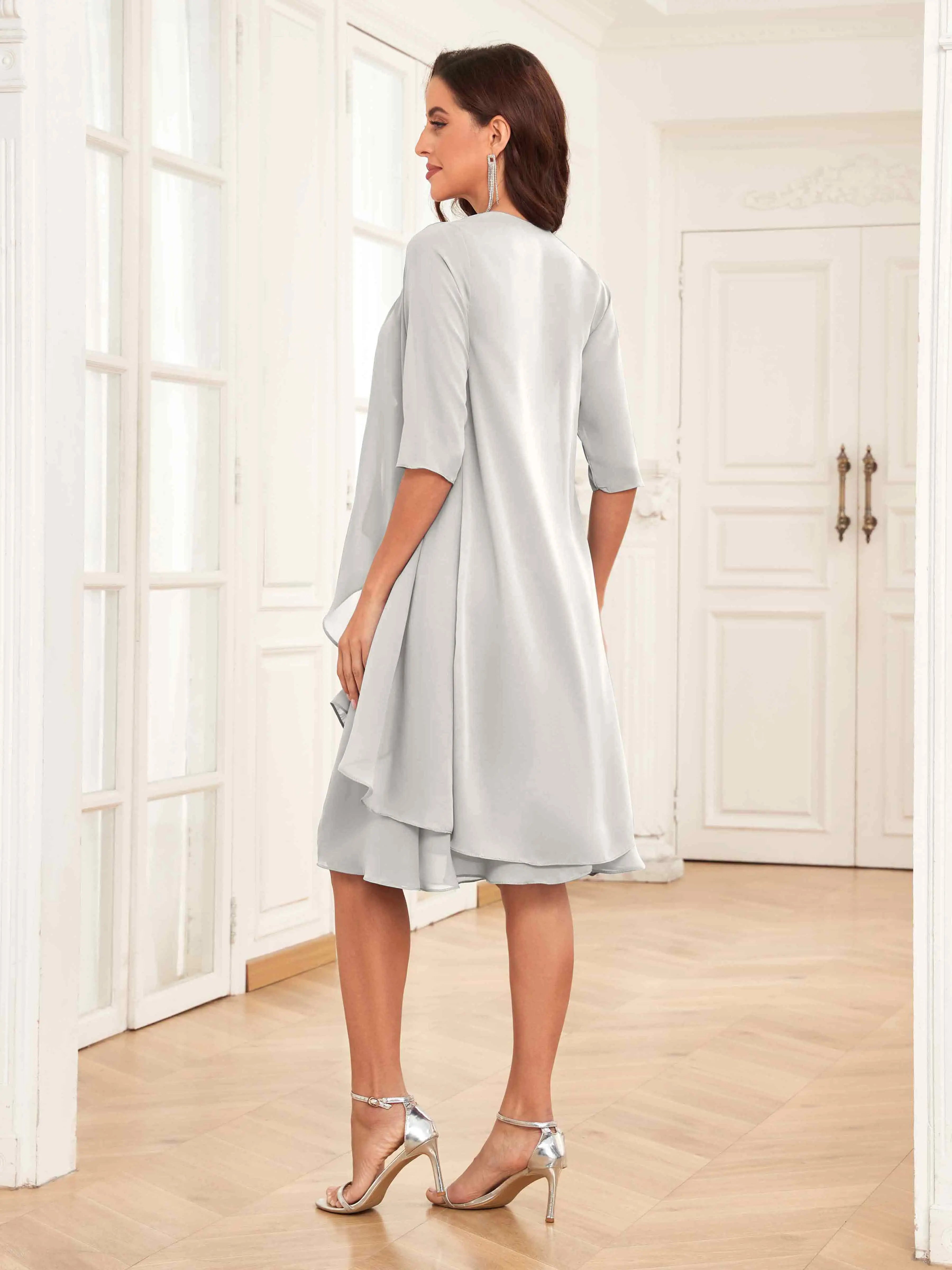Mother of the Bride Chiffon Dress Set – Two Piece Ruched Knee Length Formal Dress with Beading oaklynwear