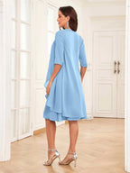 Mother of the Bride Chiffon Dress Set – Two Piece Ruched Knee Length Formal Dress with Beading oaklynwear