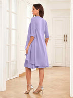 Mother of the Bride Chiffon Dress Set – Two Piece Ruched Knee Length Formal Dress with Beading oaklynwear