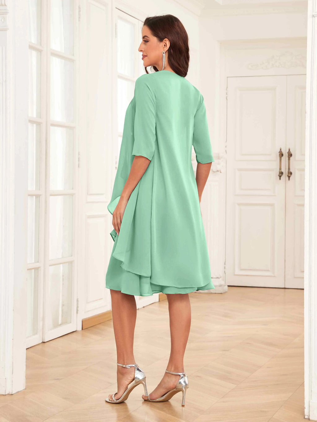 Mother of the Bride Chiffon Dress Set – Two Piece Ruched Knee Length Formal Dress with Beading oaklynwear