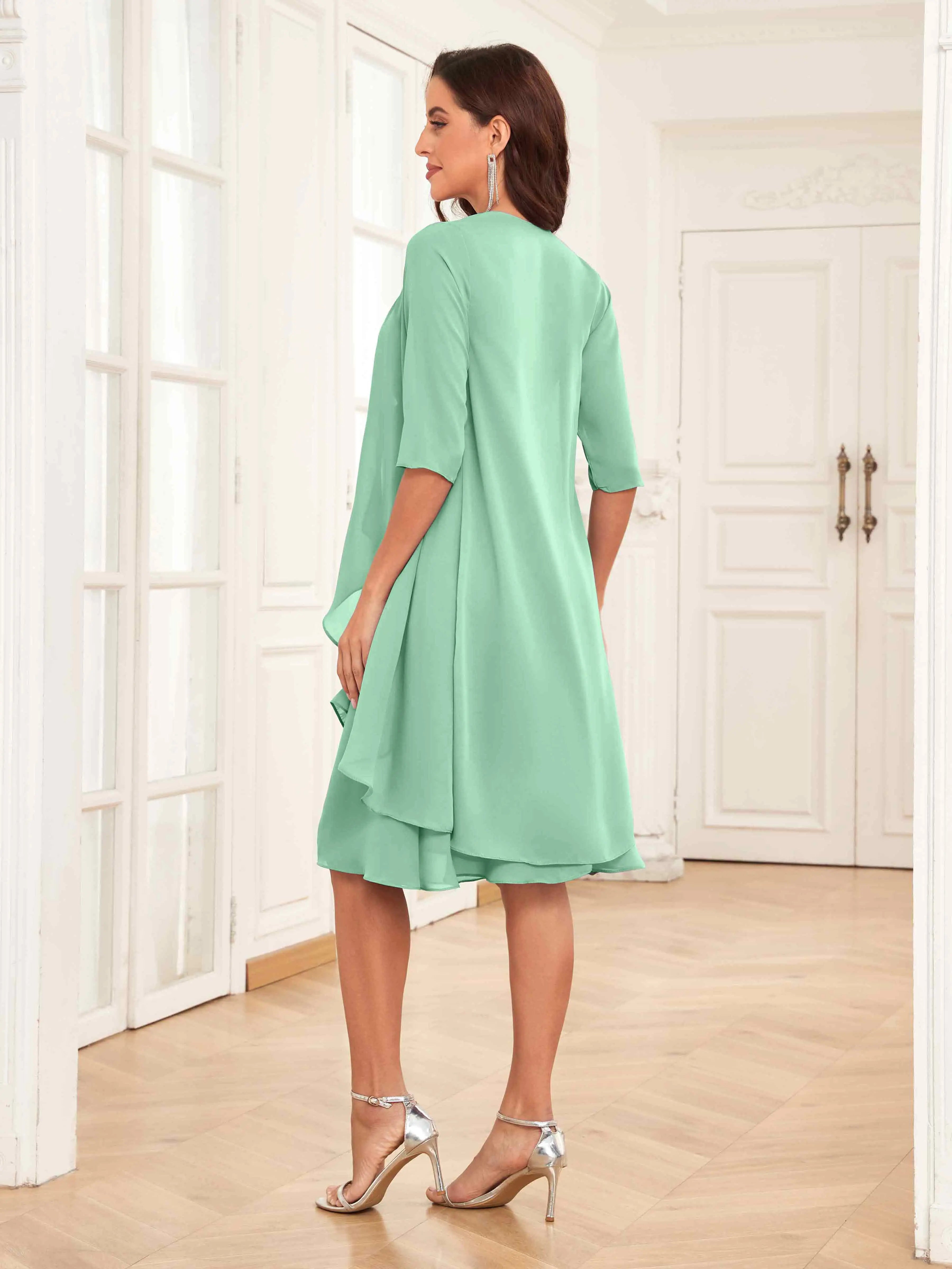 Mother of the Bride Chiffon Dress Set – Two Piece Ruched Knee Length Formal Dress with Beading oaklynwear