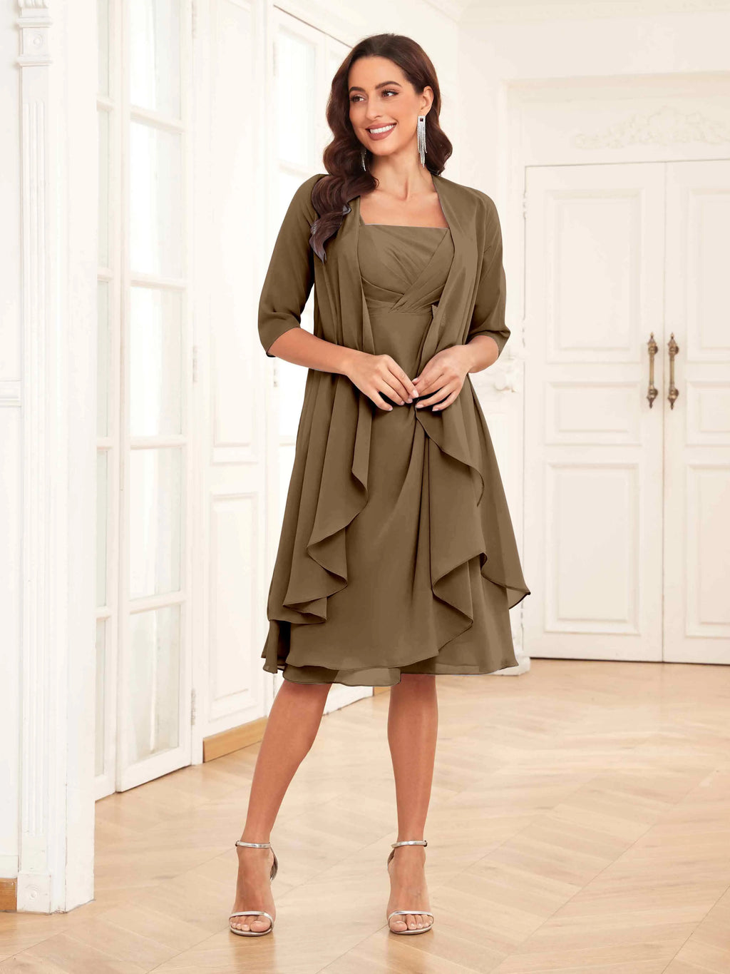 Mother of the Bride Chiffon Dress Set – Two Piece Ruched Knee Length Formal Dress with Beading oaklynwear