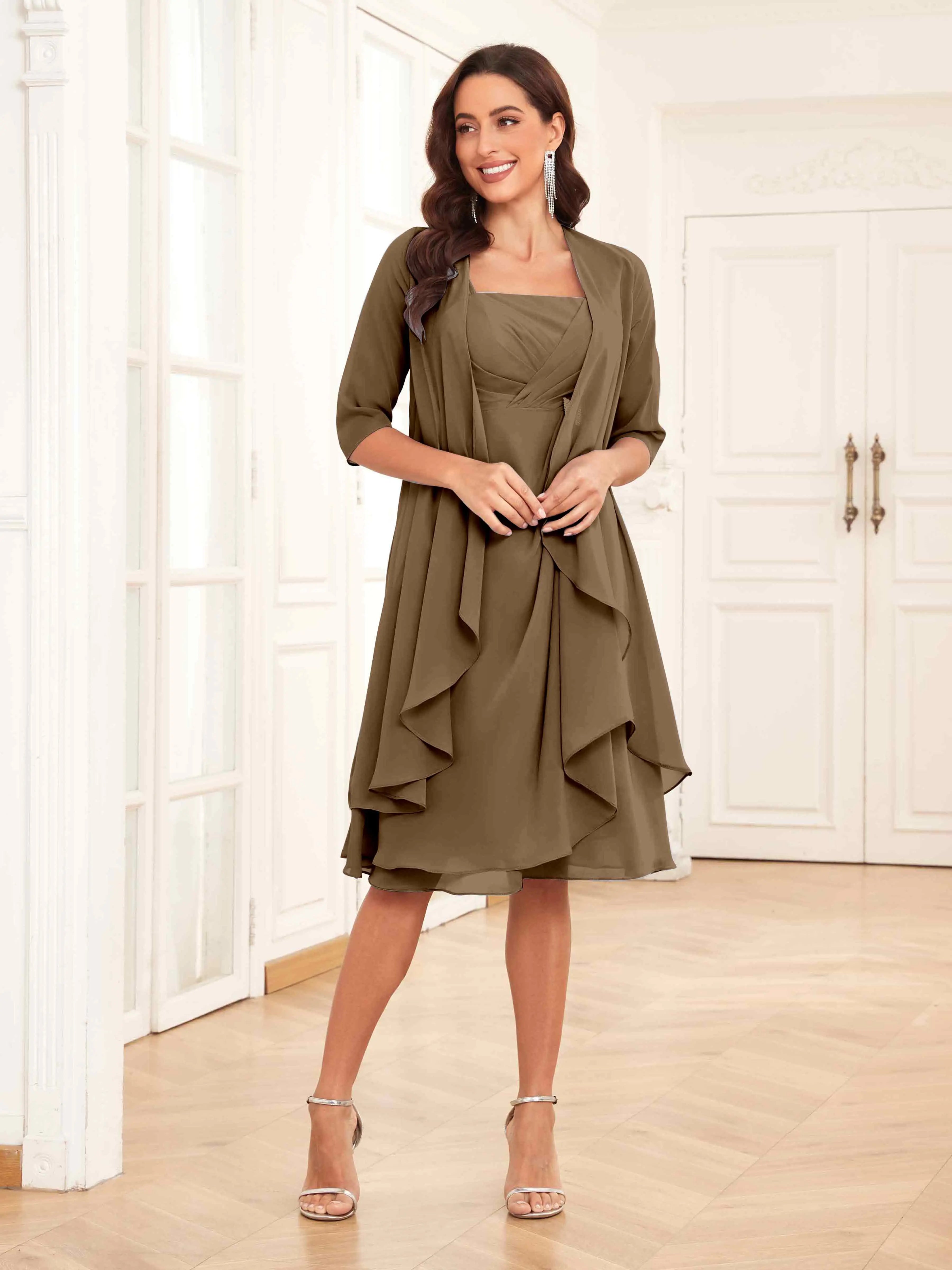 Mother of the Bride Chiffon Dress Set – Two Piece Ruched Knee Length Formal Dress with Beading oaklynwear