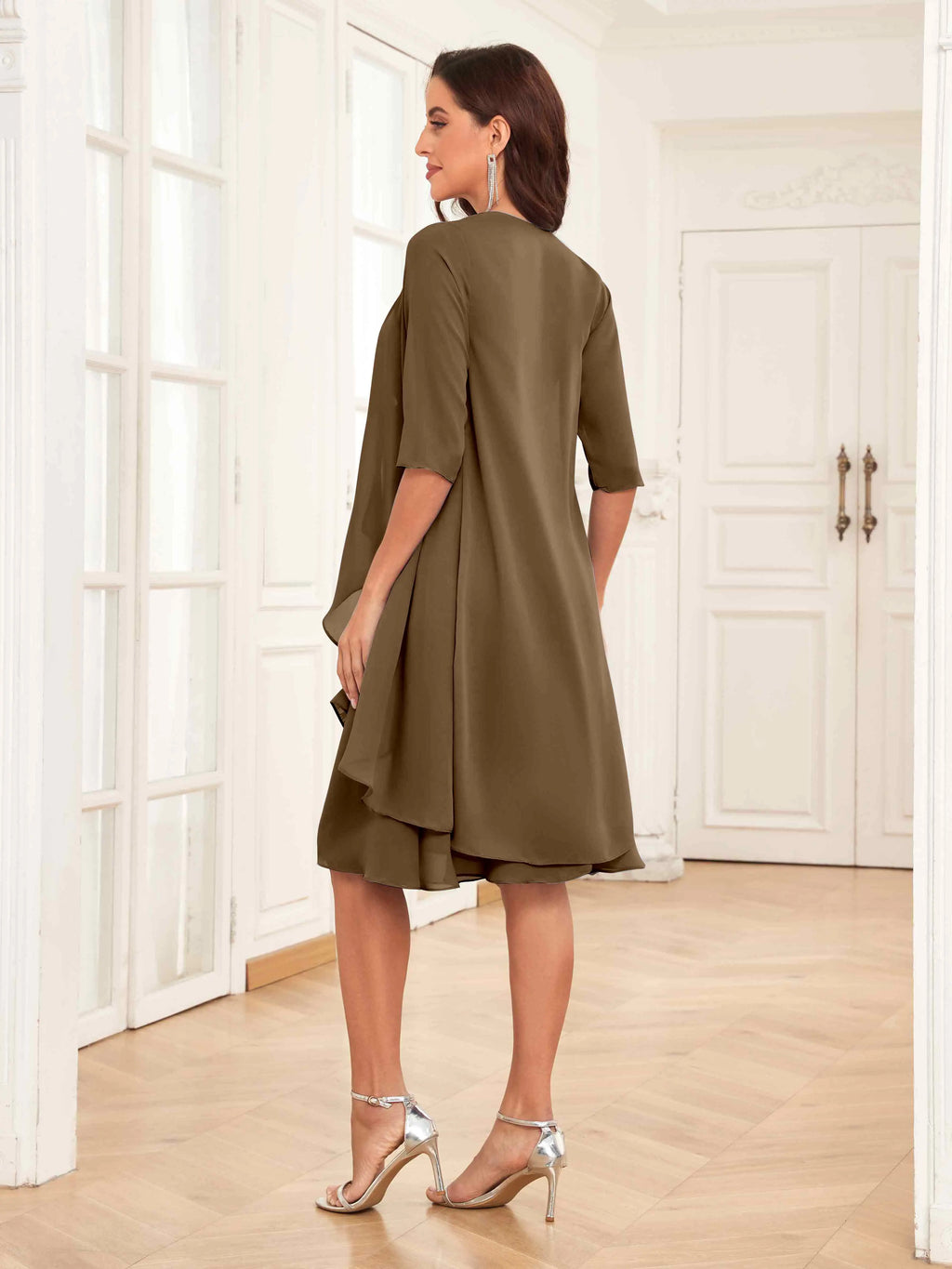 Mother of the Bride Chiffon Dress Set – Two Piece Ruched Knee Length Formal Dress with Beading oaklynwear