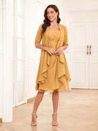 Mother of the Bride Chiffon Dress Set – Two Piece Ruched Knee Length Formal Dress with Beading oaklynwear