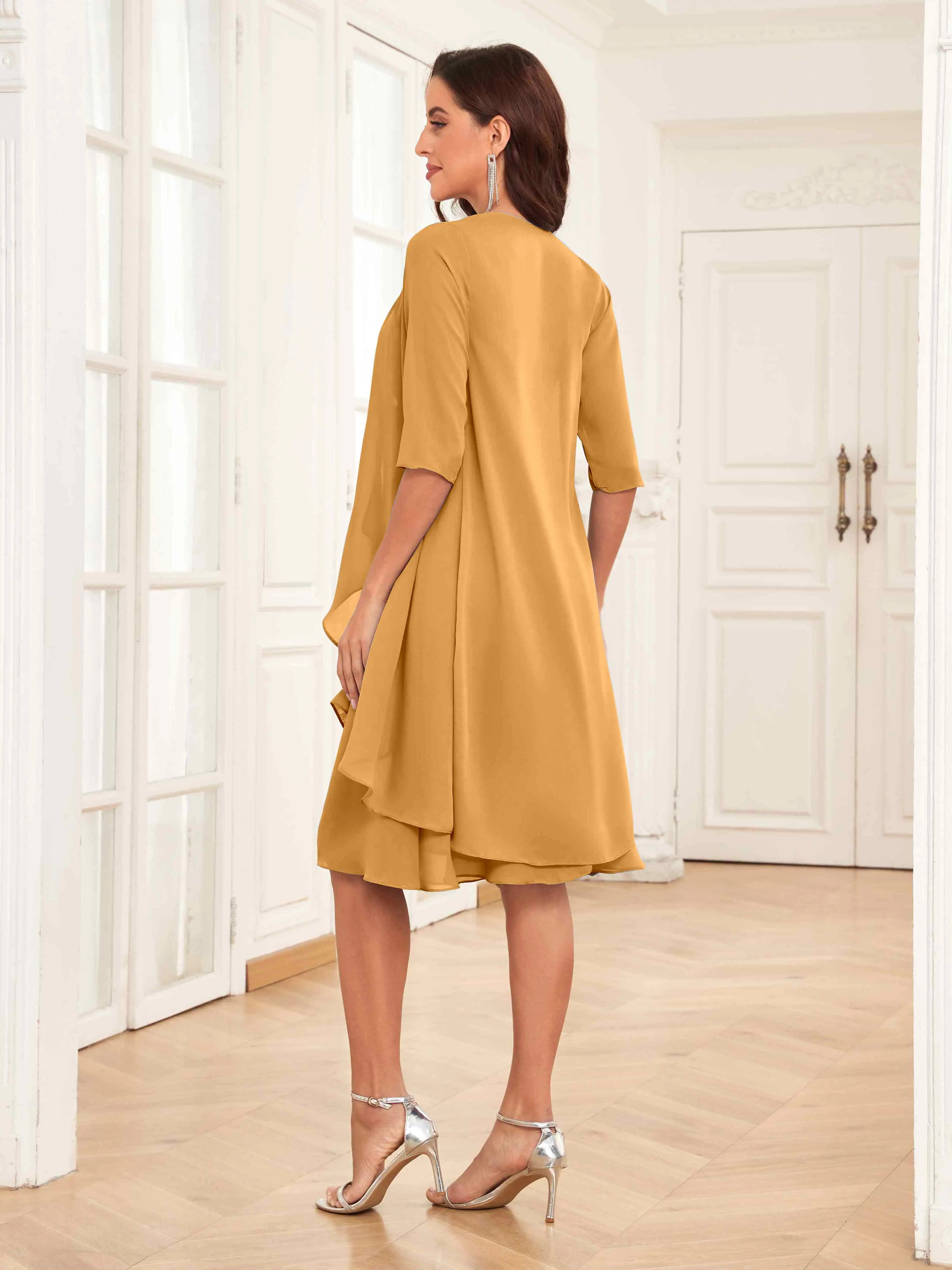 Mother of the Bride Chiffon Dress Set – Two Piece Ruched Knee Length Formal Dress with Beading oaklynwear