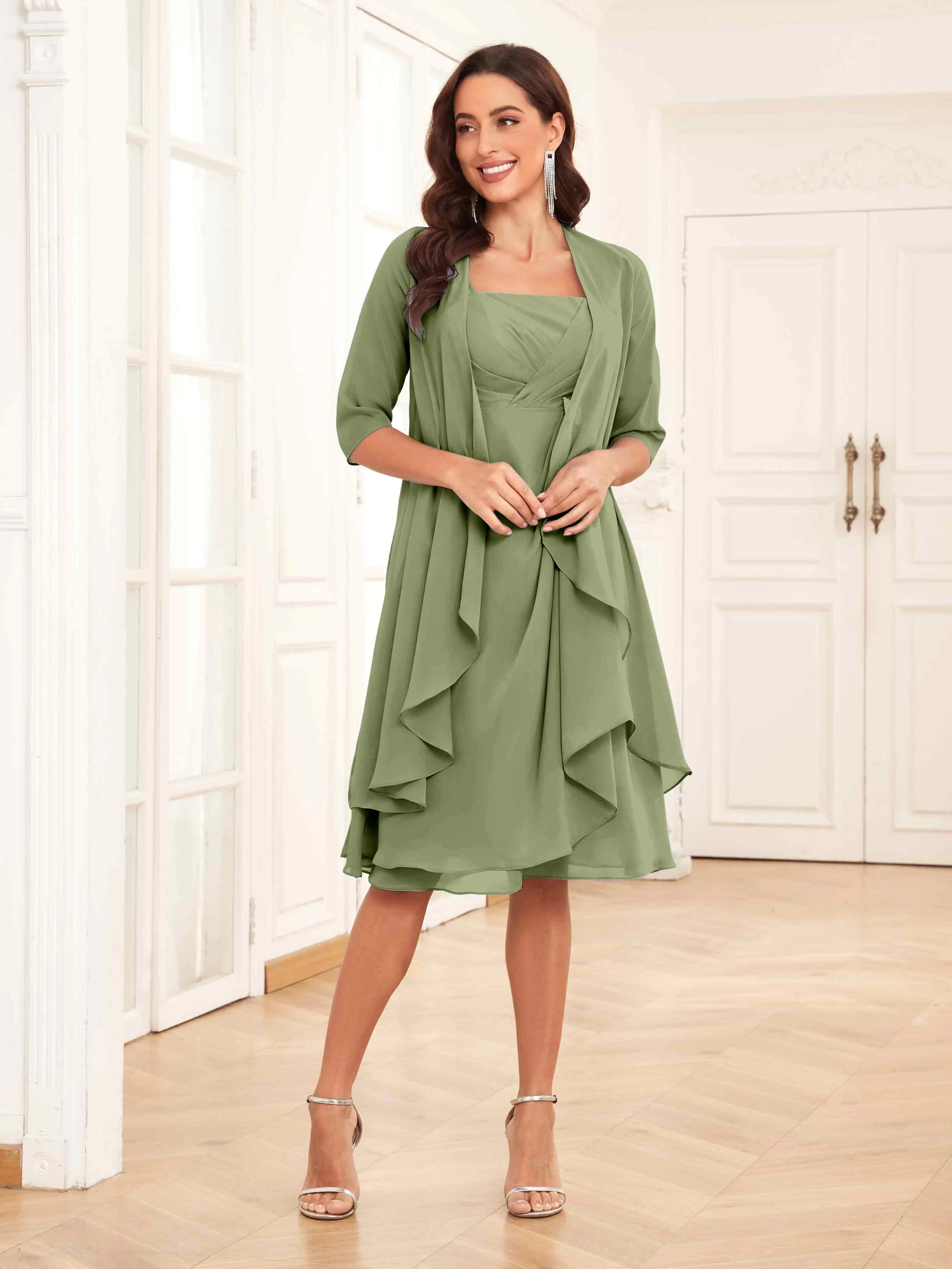 Mother of the Bride Chiffon Dress Set – Two Piece Ruched Knee Length Formal Dress with Beading oaklynwear