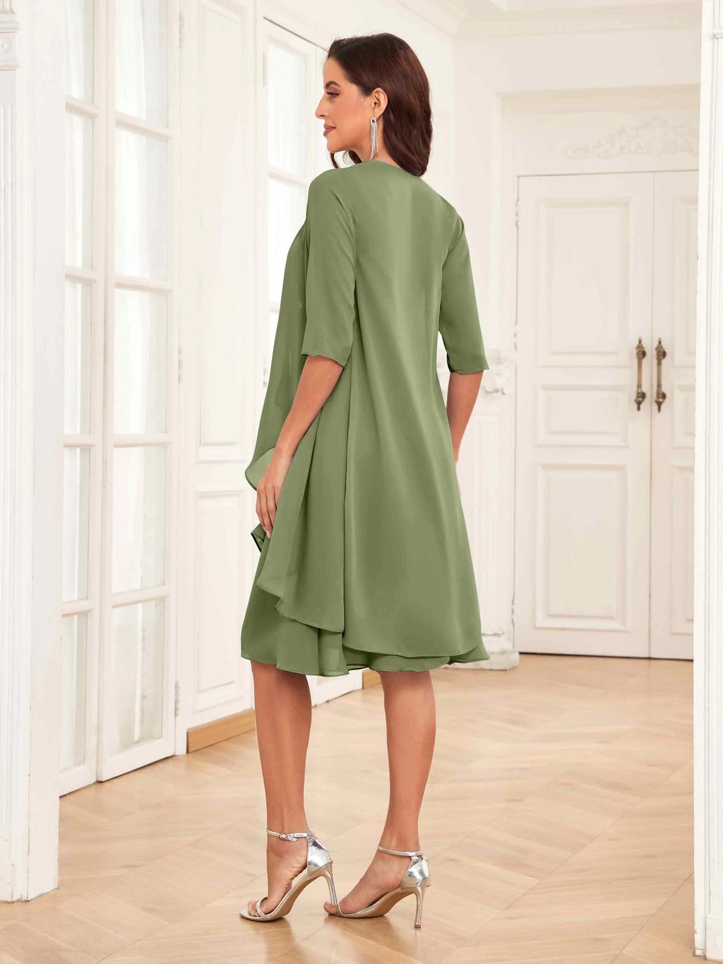 Mother of the Bride Chiffon Dress Set – Two Piece Ruched Knee Length Formal Dress with Beading oaklynwear