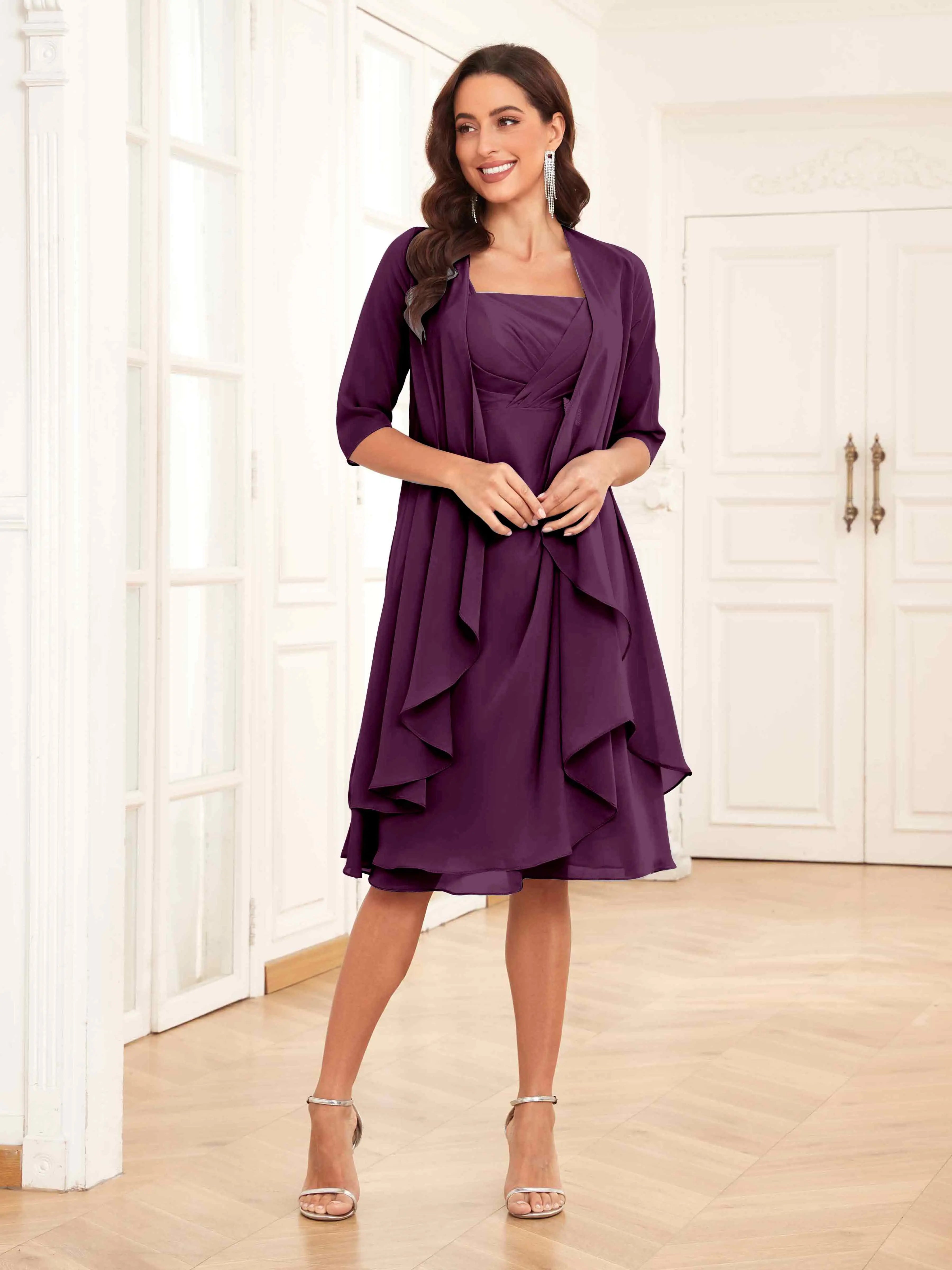 Mother of the Bride Chiffon Dress Set – Two Piece Ruched Knee Length Formal Dress with Beading oaklynwear