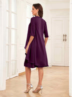 Mother of the Bride Chiffon Dress Set – Two Piece Ruched Knee Length Formal Dress with Beading oaklynwear