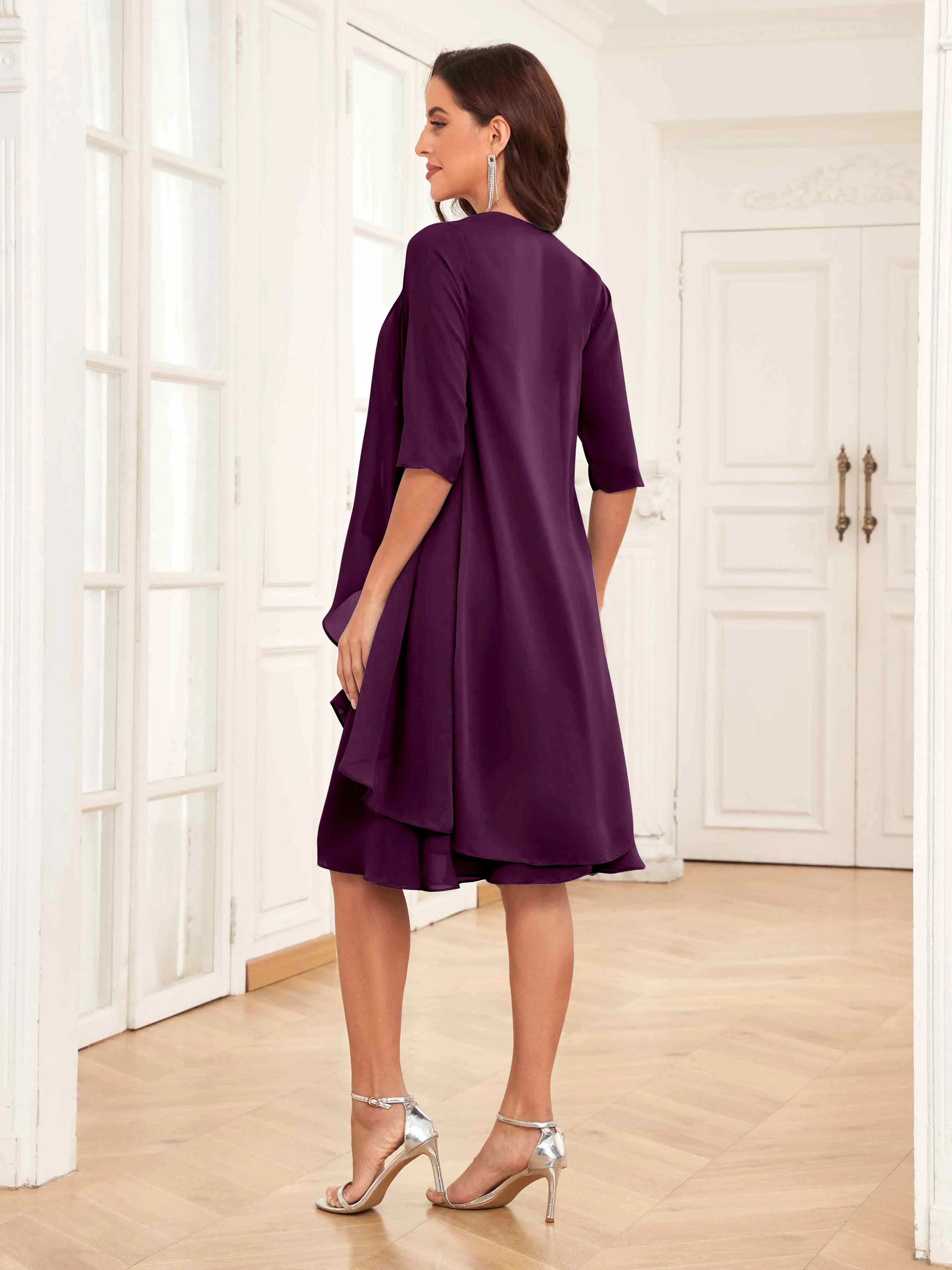 Mother of the Bride Chiffon Dress Set – Two Piece Ruched Knee Length Formal Dress with Beading oaklynwear