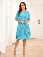Mother of the Bride Chiffon Dress Set – Two Piece Ruched Knee Length Formal Dress with Beading oaklynwear
