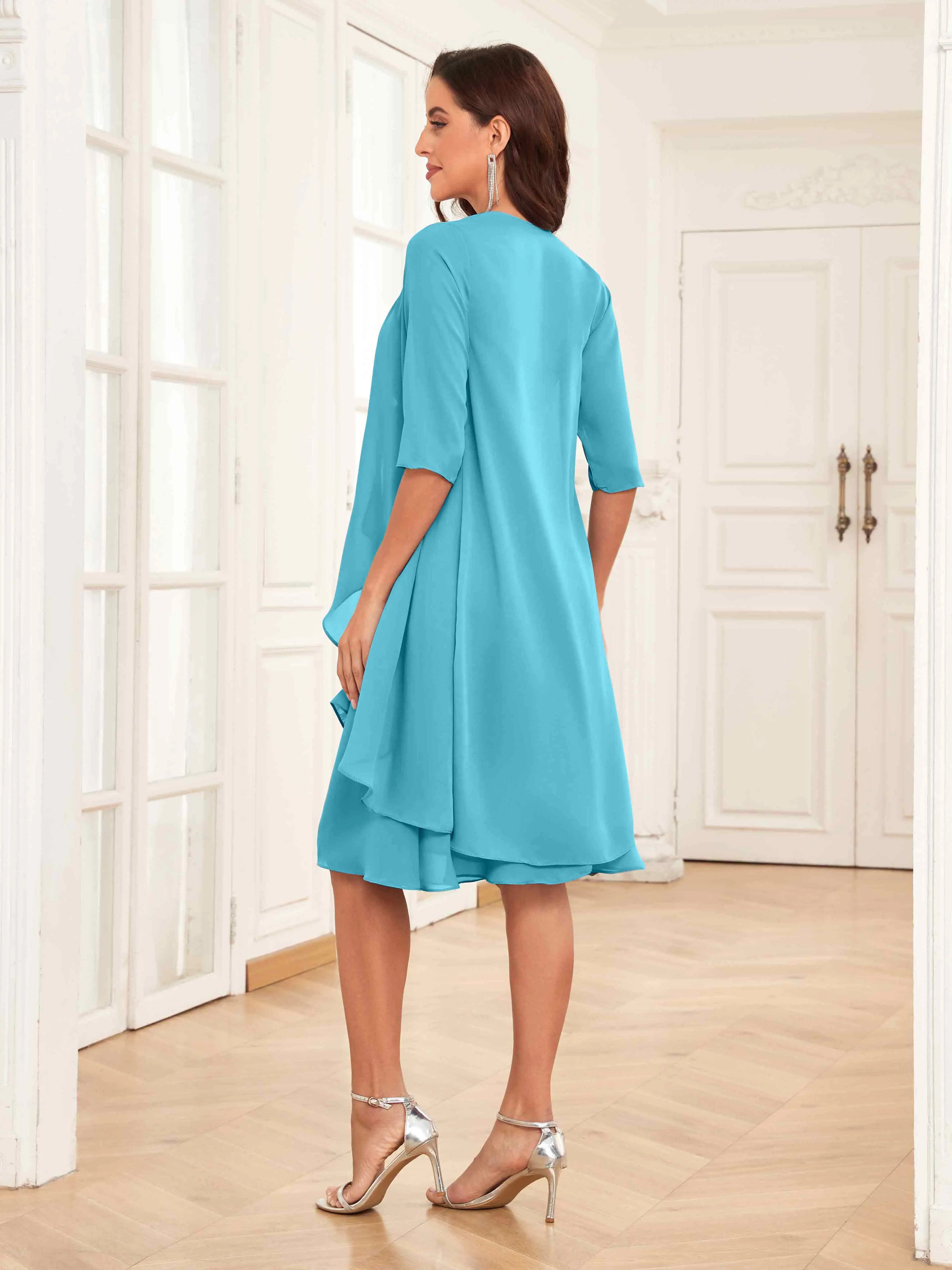Mother of the Bride Chiffon Dress Set – Two Piece Ruched Knee Length Formal Dress with Beading oaklynwear
