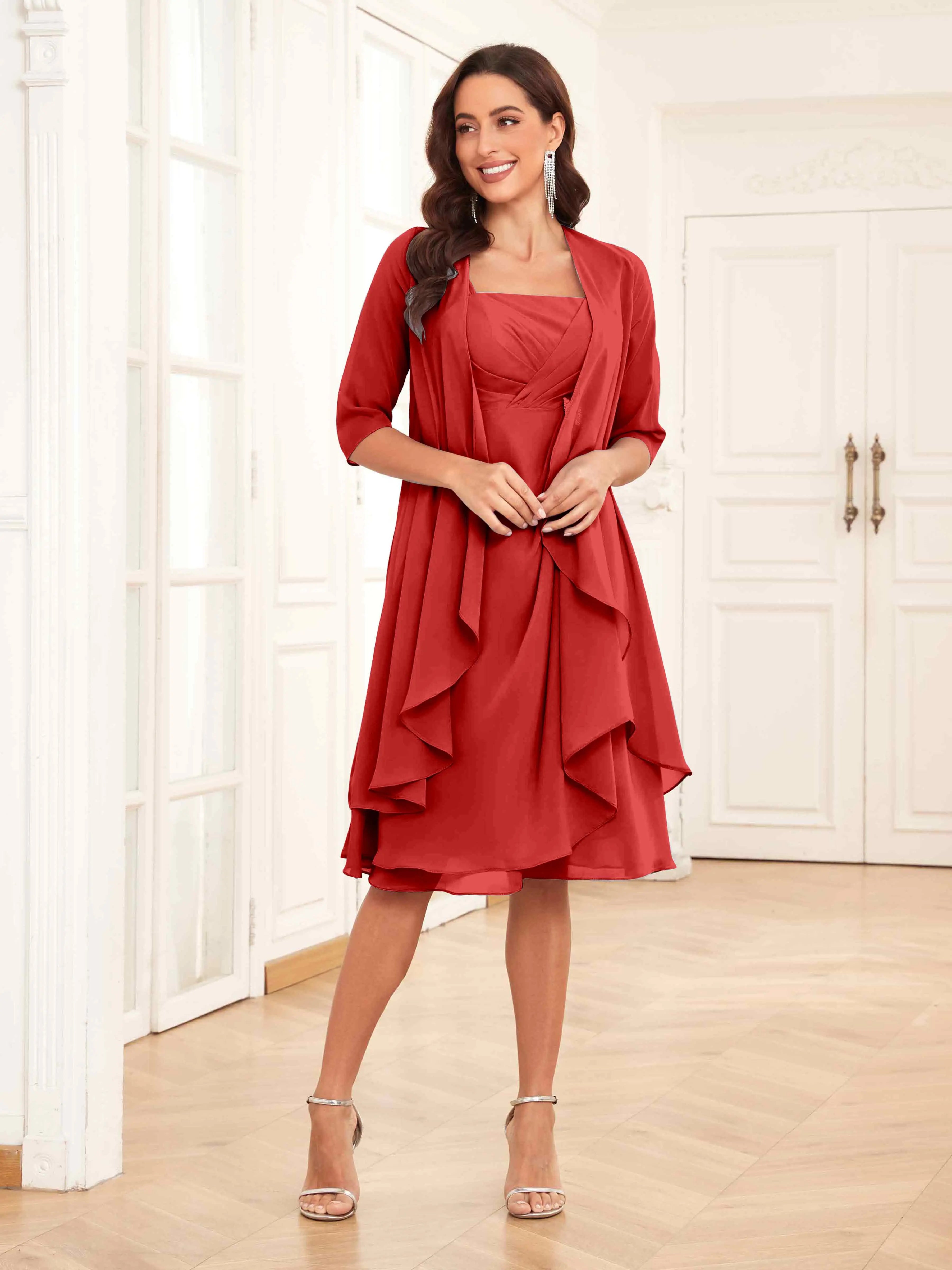 Mother of the Bride Chiffon Dress Set – Two Piece Ruched Knee Length Formal Dress with Beading oaklynwear