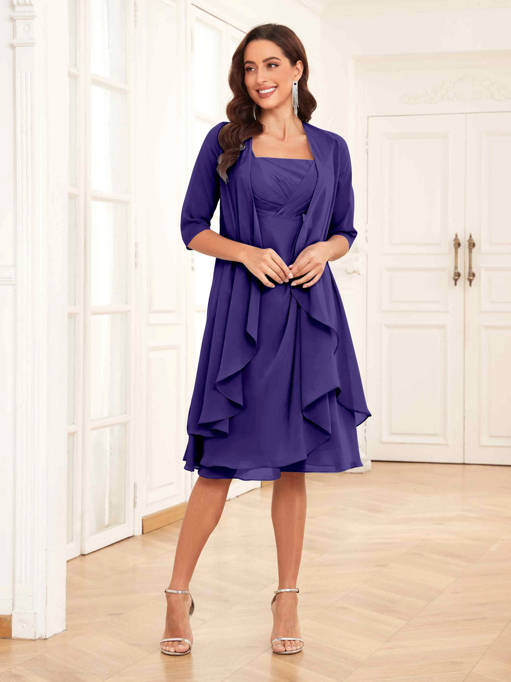 Mother of the Bride Chiffon Dress Set – Two Piece Ruched Knee Length Formal Dress with Beading oaklynwear
