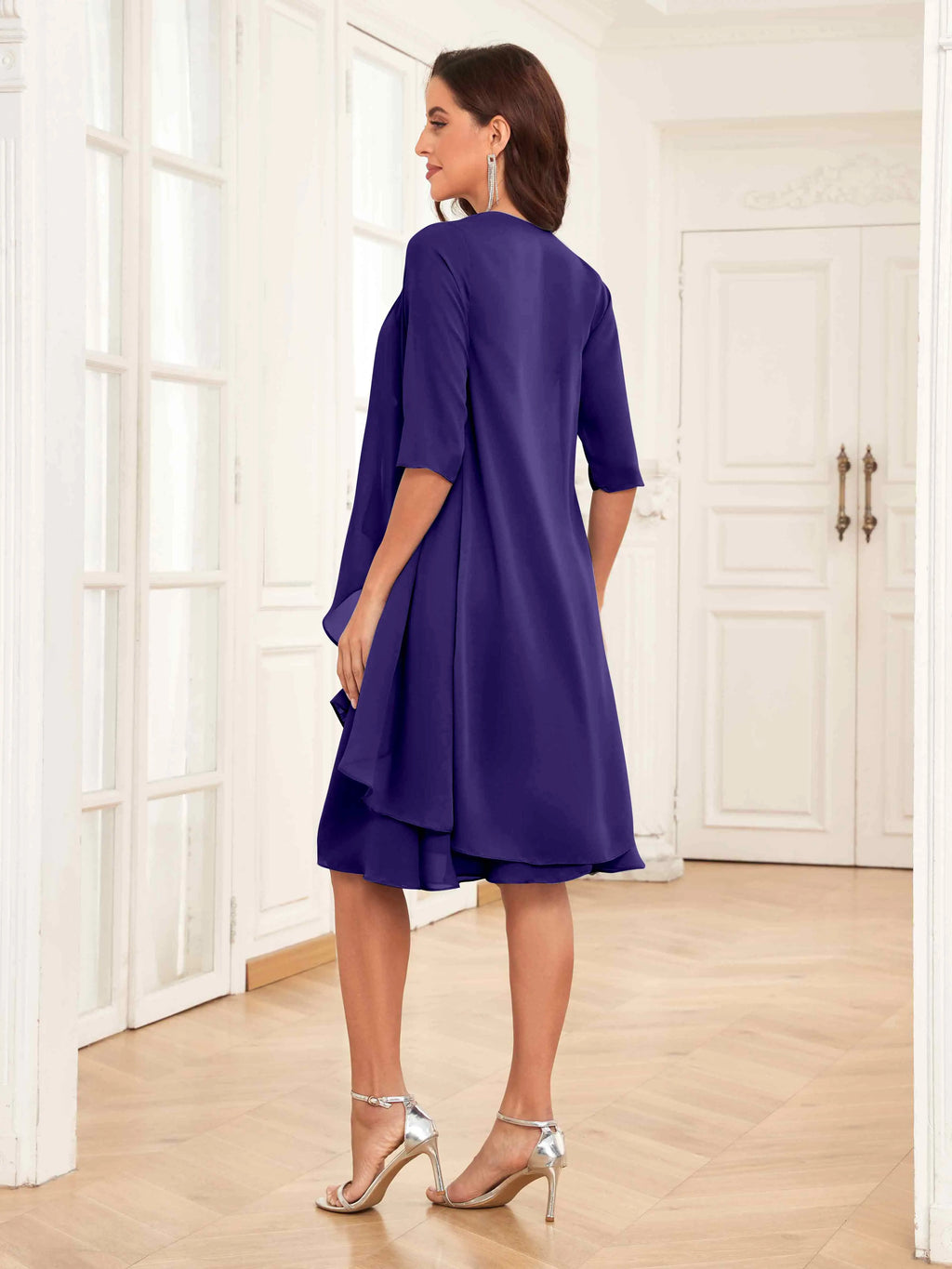 Mother of the Bride Chiffon Dress Set – Two Piece Ruched Knee Length Formal Dress with Beading oaklynwear