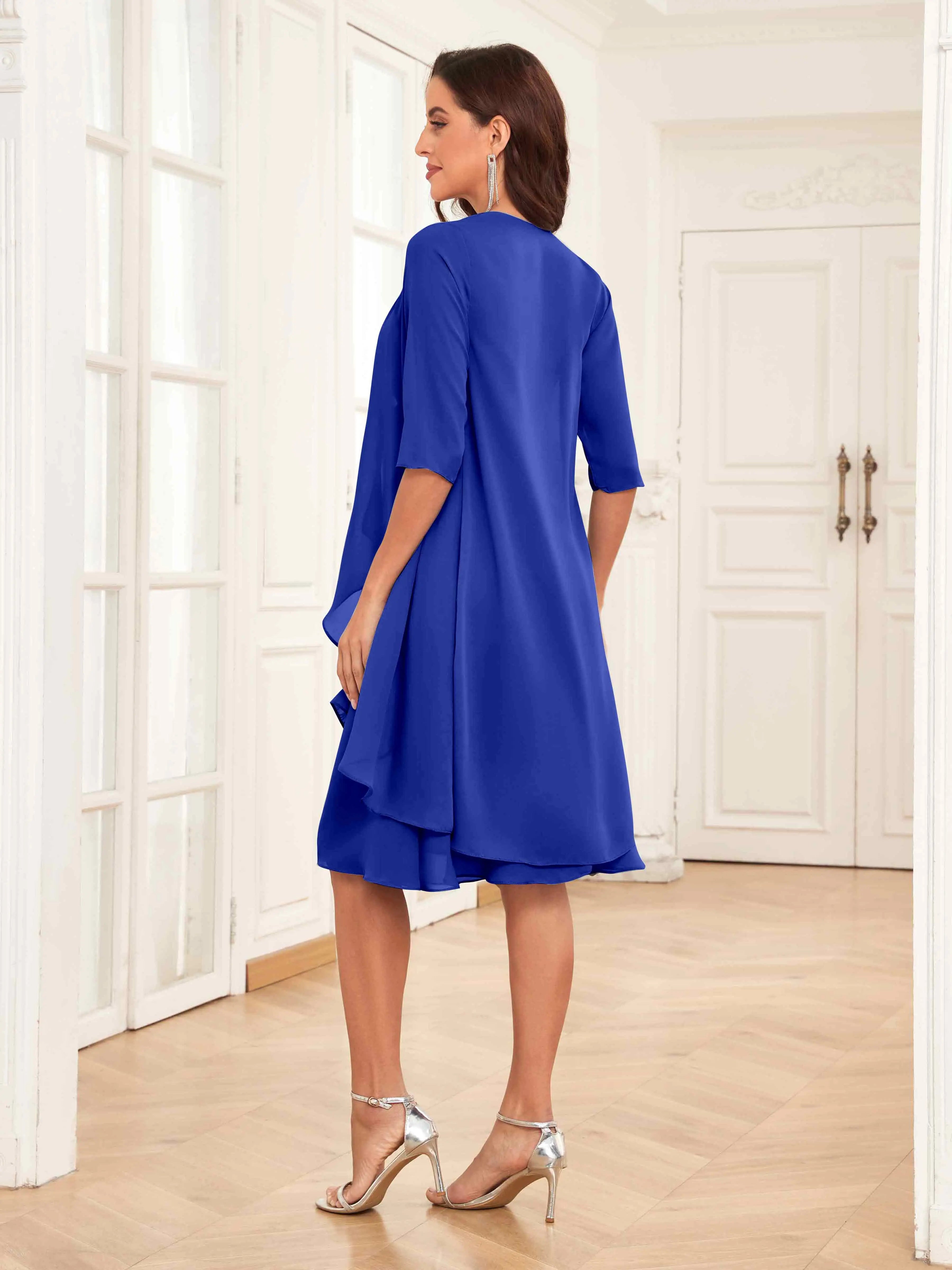 Mother of the Bride Chiffon Dress Set – Two Piece Ruched Knee Length Formal Dress with Beading oaklynwear