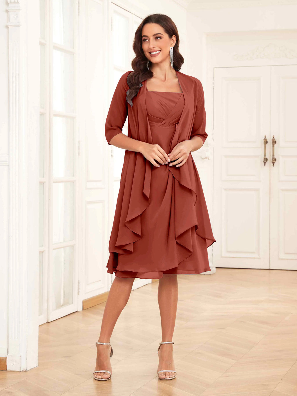 Mother of the Bride Chiffon Dress Set – Two Piece Ruched Knee Length Formal Dress with Beading oaklynwear