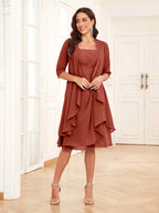 Mother of the Bride Chiffon Dress Set – Two Piece Ruched Knee Length Formal Dress with Beading oaklynwear