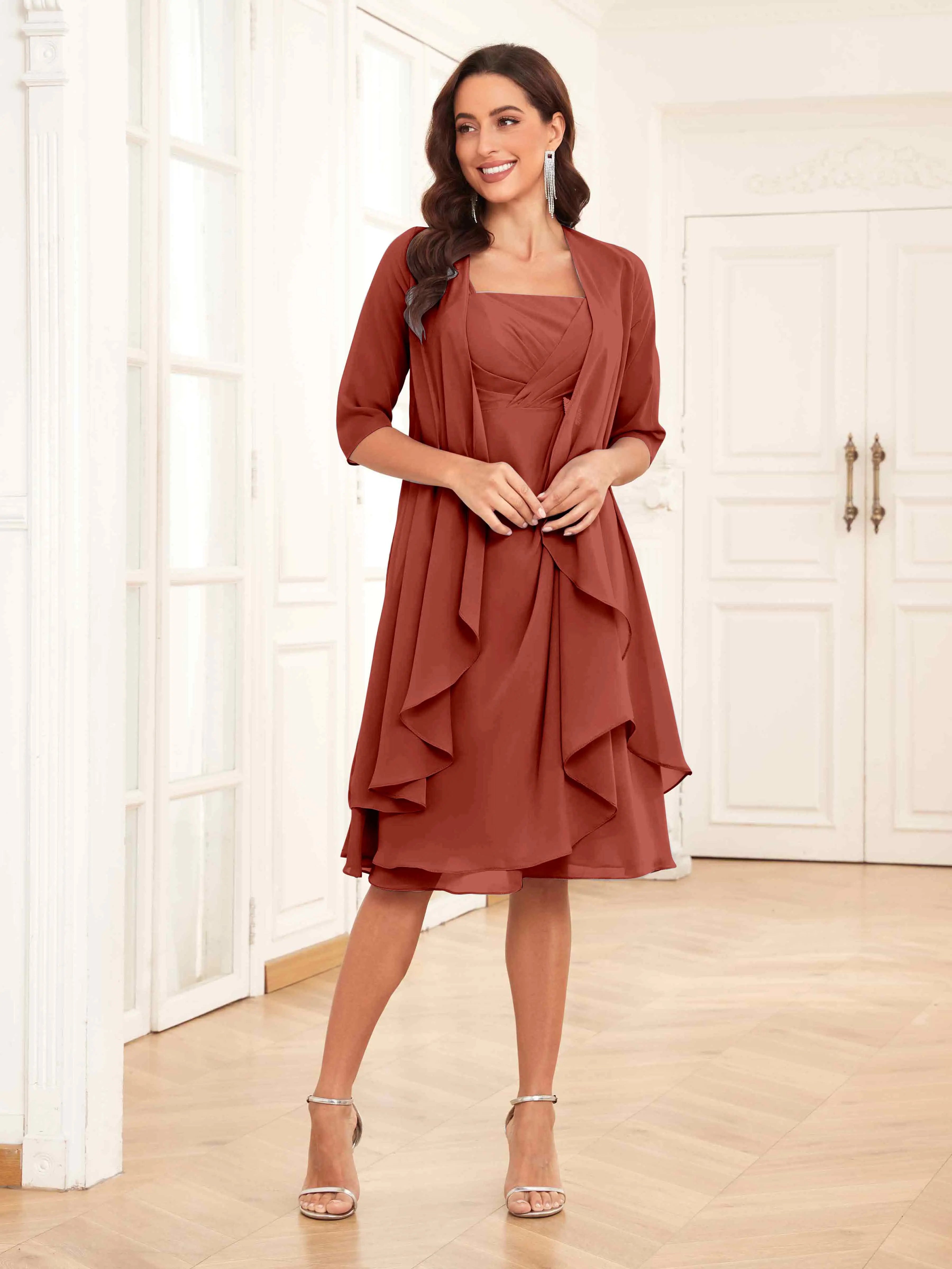 Mother of the Bride Chiffon Dress Set – Two Piece Ruched Knee Length Formal Dress with Beading oaklynwear