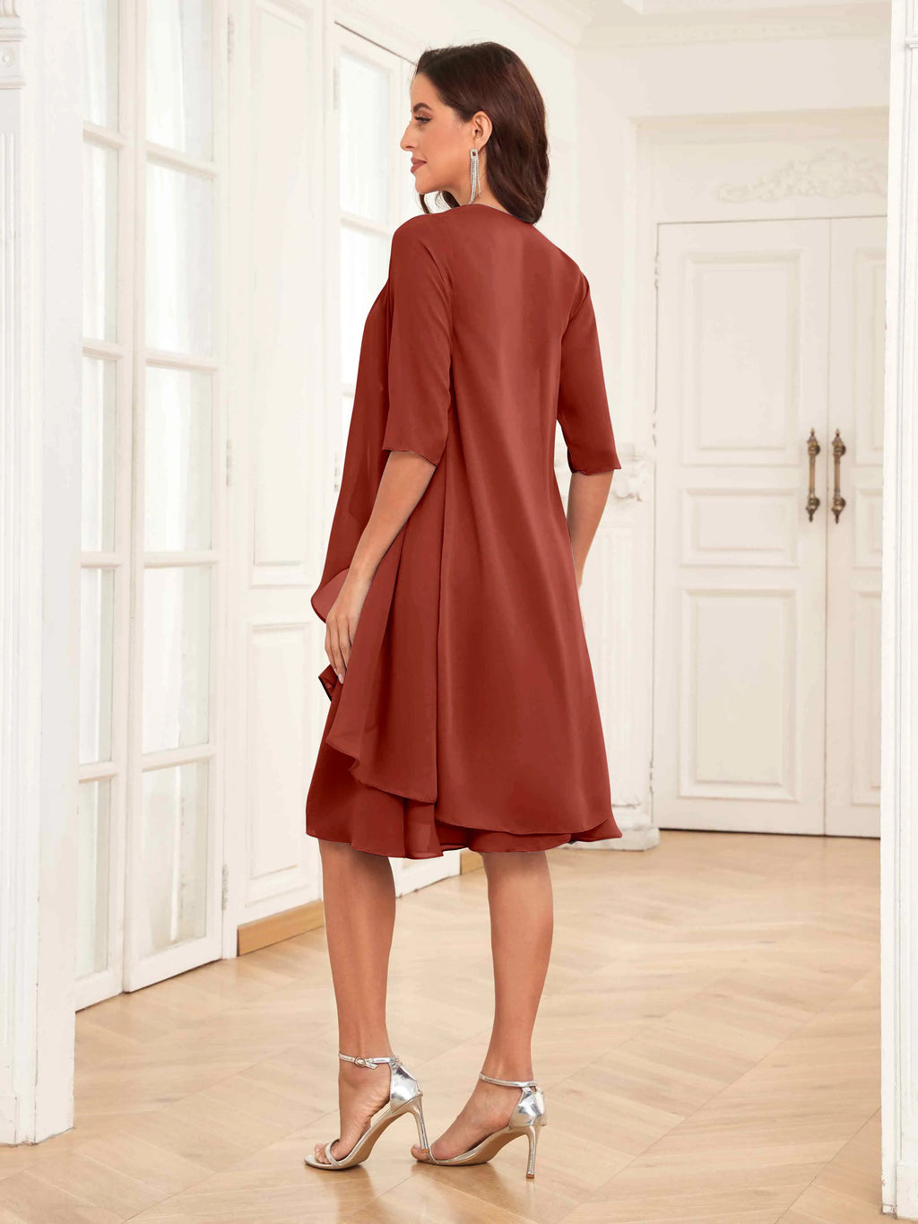 Mother of the Bride Chiffon Dress Set – Two Piece Ruched Knee Length Formal Dress with Beading oaklynwear