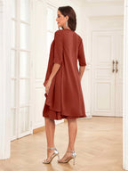 Mother of the Bride Chiffon Dress Set – Two Piece Ruched Knee Length Formal Dress with Beading oaklynwear