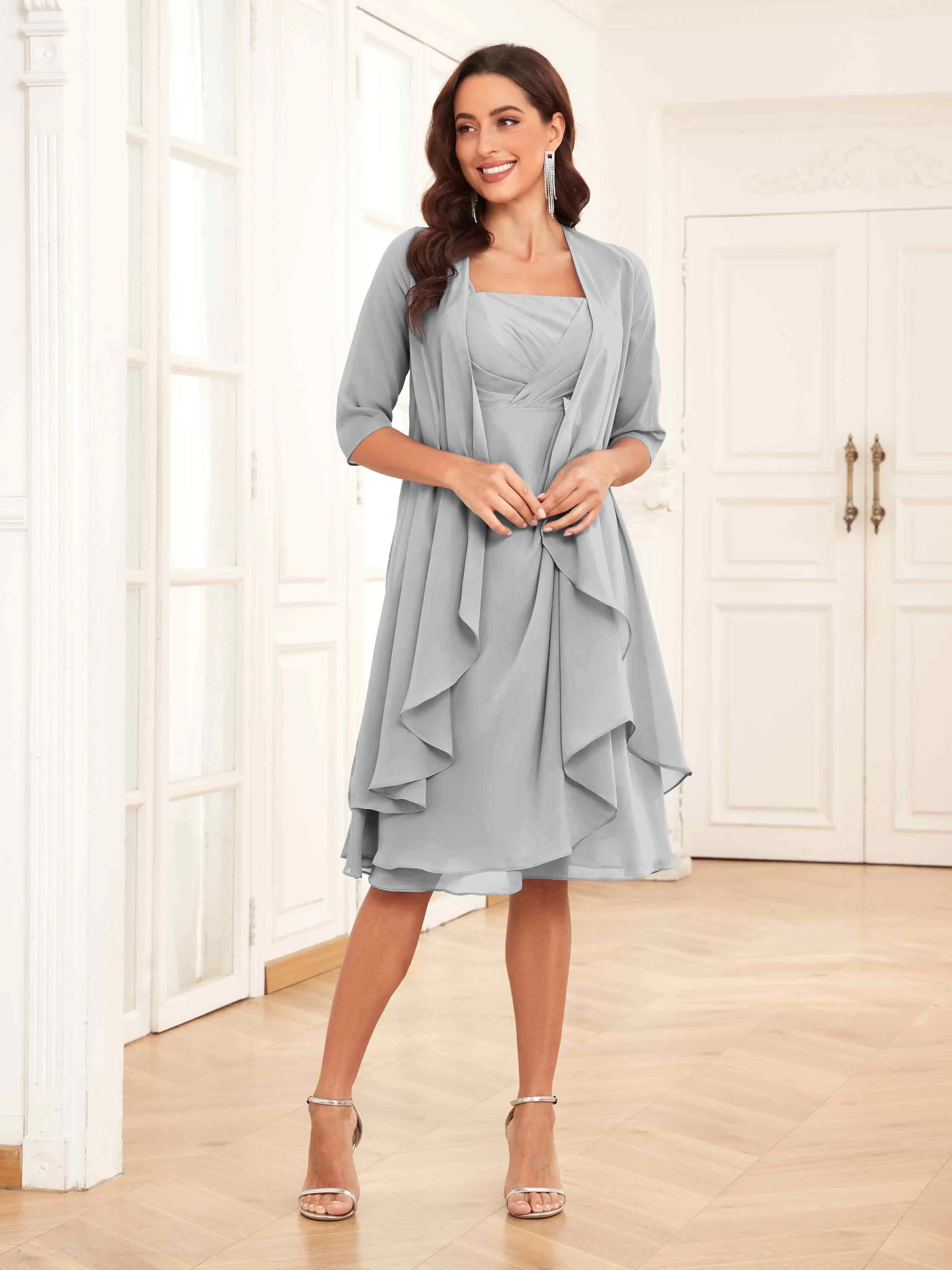 Mother of the Bride Chiffon Dress Set – Two Piece Ruched Knee Length Formal Dress with Beading oaklynwear