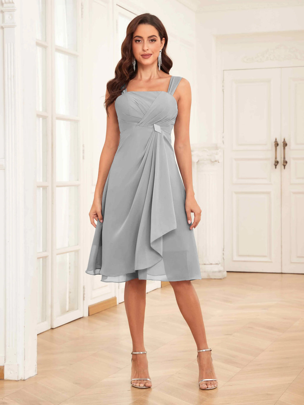 Mother of the Bride Chiffon Dress Set – Two Piece Ruched Knee Length Formal Dress with Beading oaklynwear