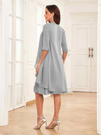 Mother of the Bride Chiffon Dress Set – Two Piece Ruched Knee Length Formal Dress with Beading oaklynwear