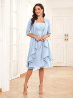 Mother of the Bride Chiffon Dress Set – Two Piece Ruched Knee Length Formal Dress with Beading oaklynwear