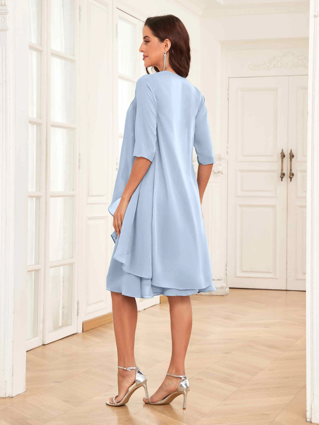 Mother of the Bride Chiffon Dress Set – Two Piece Ruched Knee Length Formal Dress with Beading oaklynwear