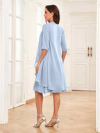 Mother of the Bride Chiffon Dress Set – Two Piece Ruched Knee Length Formal Dress with Beading oaklynwear