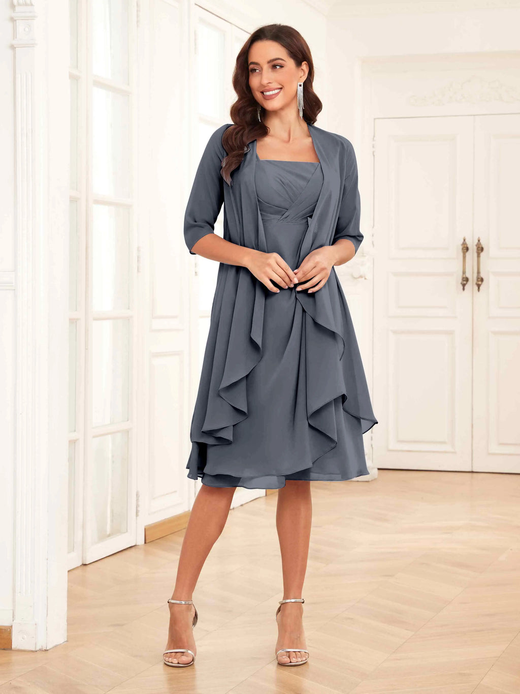 Mother of the Bride Chiffon Dress Set – Two Piece Ruched Knee Length Formal Dress with Beading oaklynwear