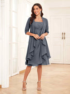Mother of the Bride Chiffon Dress Set – Two Piece Ruched Knee Length Formal Dress with Beading oaklynwear