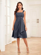 Mother of the Bride Chiffon Dress Set – Two Piece Ruched Knee Length Formal Dress with Beading oaklynwear
