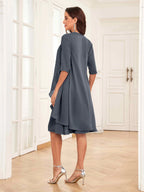 Mother of the Bride Chiffon Dress Set – Two Piece Ruched Knee Length Formal Dress with Beading oaklynwear