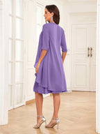 Mother of the Bride Chiffon Dress Set – Two Piece Ruched Knee Length Formal Dress with Beading oaklynwear