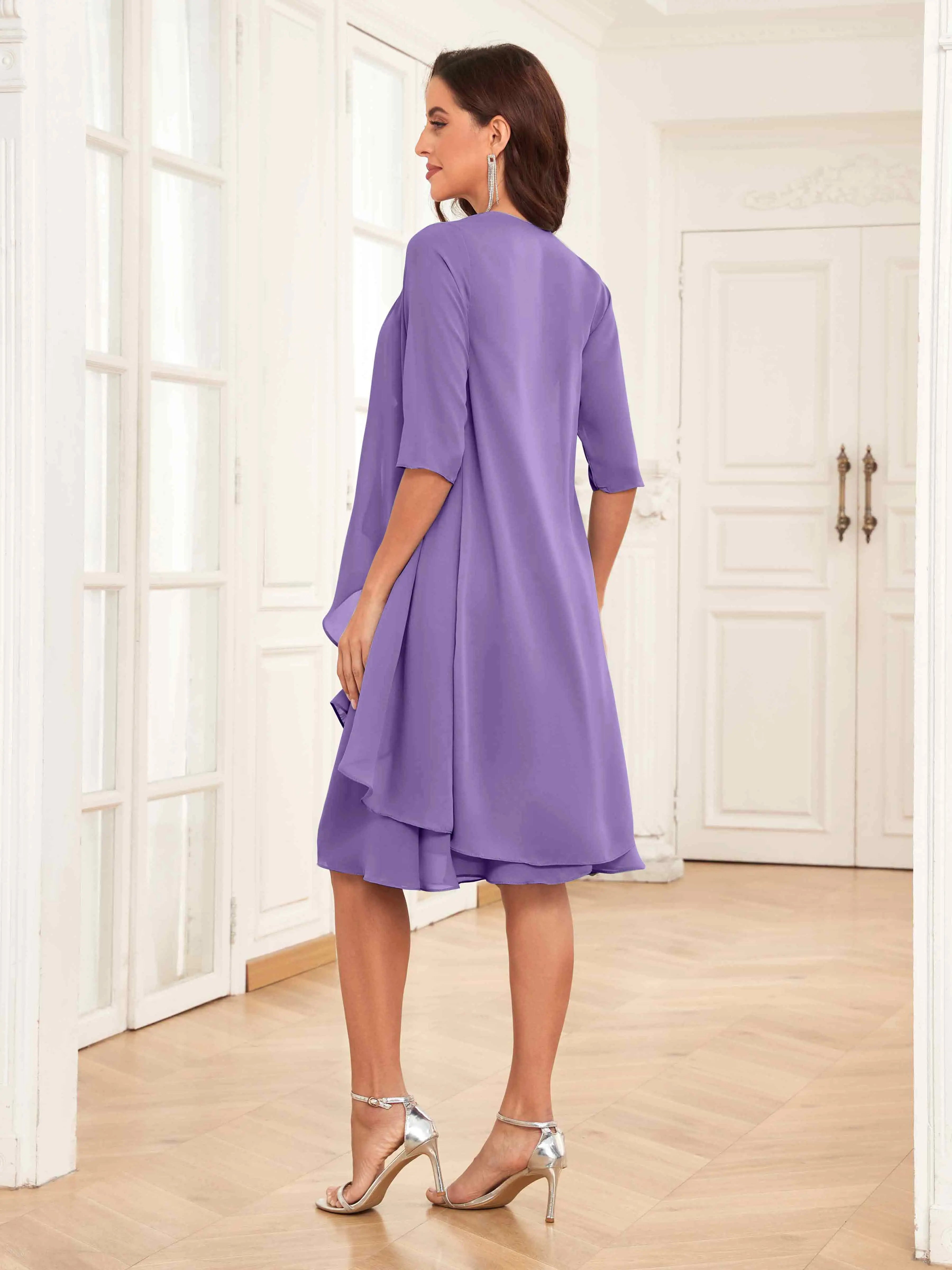 Mother of the Bride Chiffon Dress Set – Two Piece Ruched Knee Length Formal Dress with Beading oaklynwear