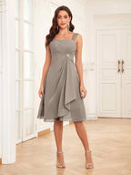 Mother of the Bride Chiffon Dress Set – Two Piece Ruched Knee Length Formal Dress with Beading oaklynwear