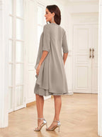 Mother of the Bride Chiffon Dress Set – Two Piece Ruched Knee Length Formal Dress with Beading oaklynwear