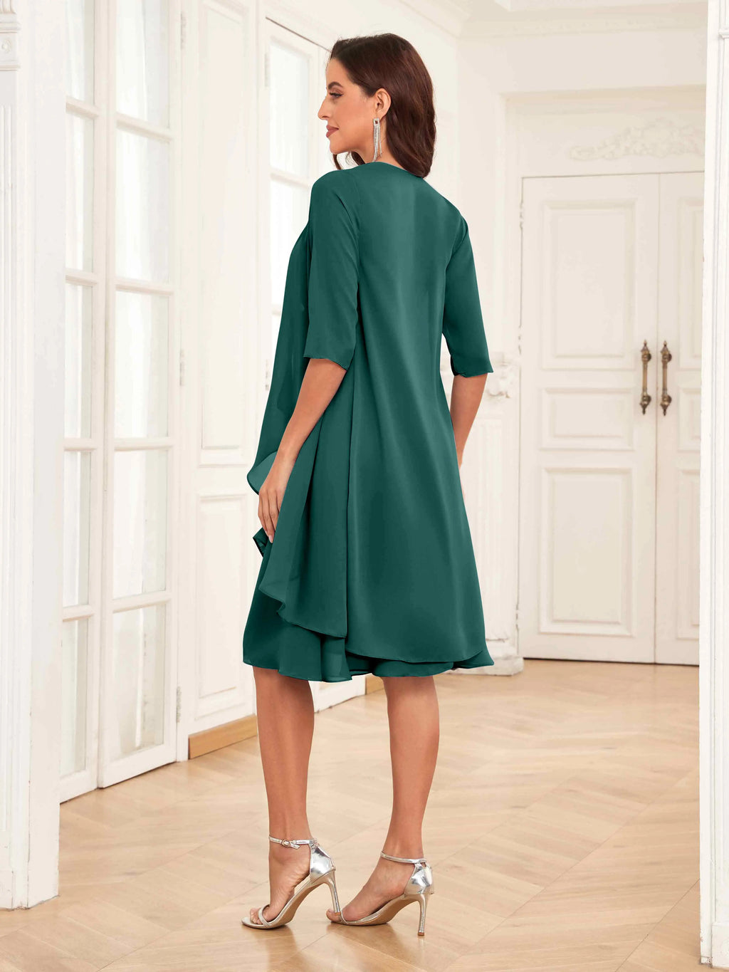 Mother of the Bride Chiffon Dress Set – Two Piece Ruched Knee Length Formal Dress with Beading oaklynwear