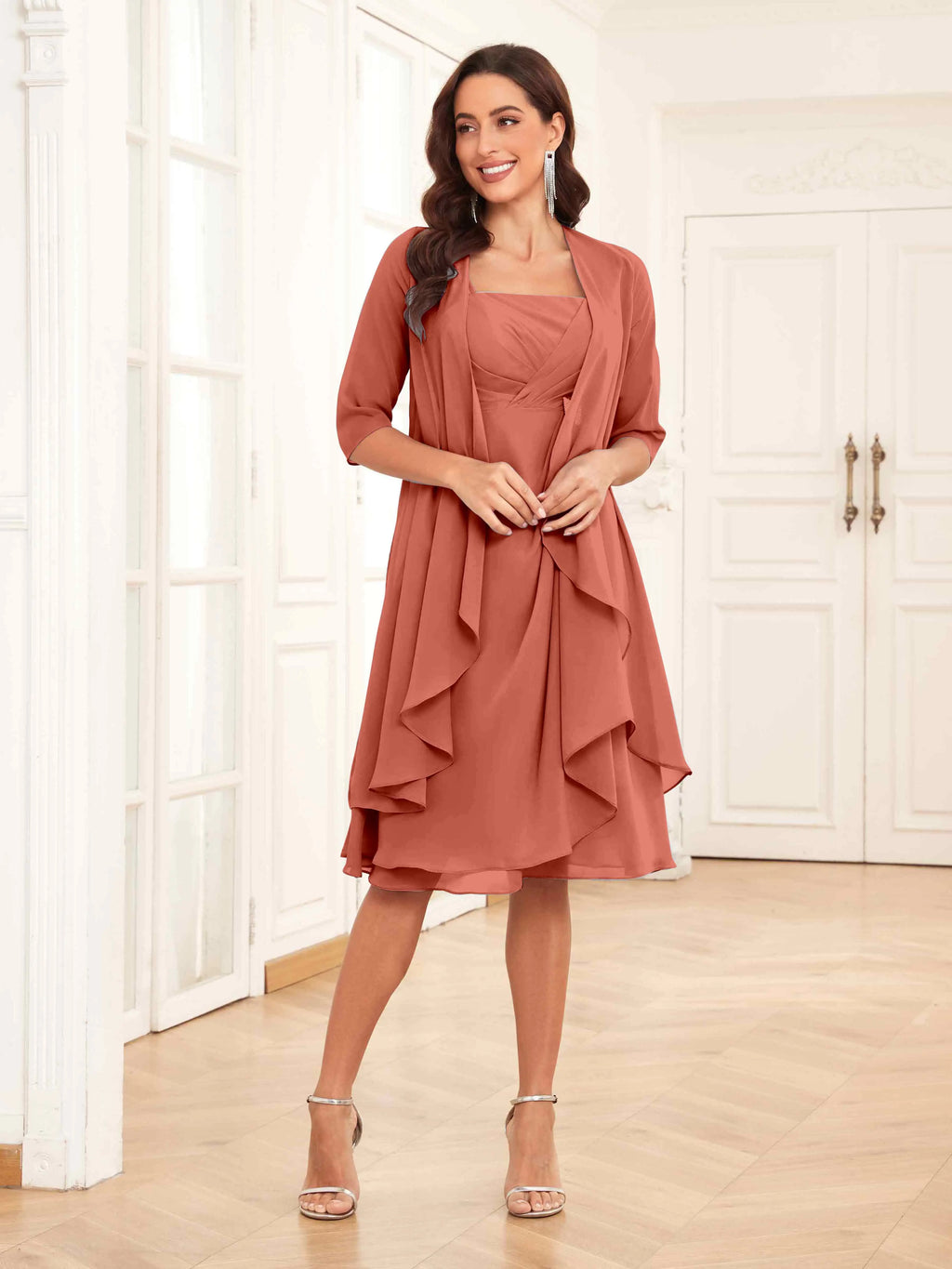 Mother of the Bride Chiffon Dress Set – Two Piece Ruched Knee Length Formal Dress with Beading oaklynwear