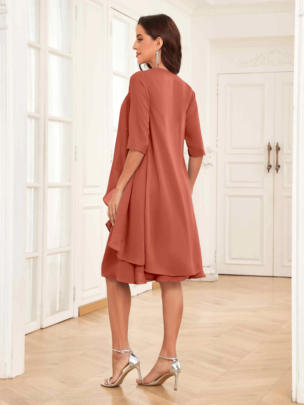 Mother of the Bride Chiffon Dress Set – Two Piece Ruched Knee Length Formal Dress with Beading oaklynwear