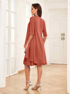 Mother of the Bride Chiffon Dress Set – Two Piece Ruched Knee Length Formal Dress with Beading oaklynwear