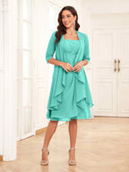 Mother of the Bride Chiffon Dress Set – Two Piece Ruched Knee Length Formal Dress with Beading oaklynwear